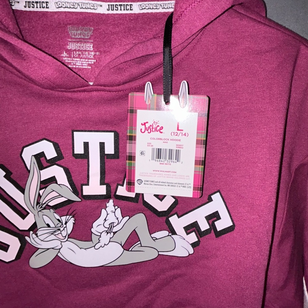Girls Hoodie Pull Over Justice Bugs Bunny Magenta Colorblock Size L 12/14 NEW - Picture 4 of 7